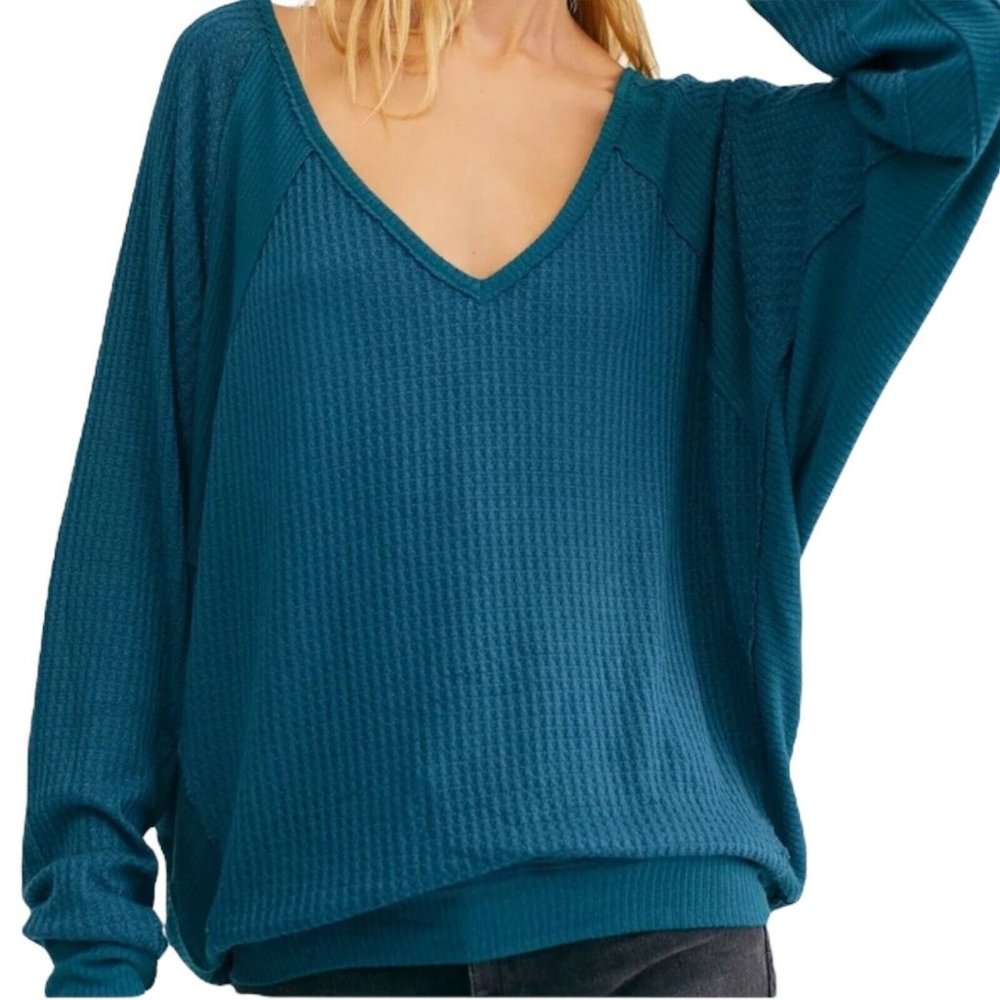 Free People Palace Teal Santa Clara Thermal Top Size V-Neck Medium - Picture 3 of 11